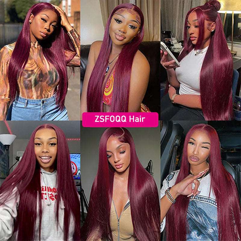 ZSFOQQ 99J Straight Lace Closure Human Hair Wigs Red Colored Transparent 4x4/13x4 Lace Front Wig With Baby Hair.