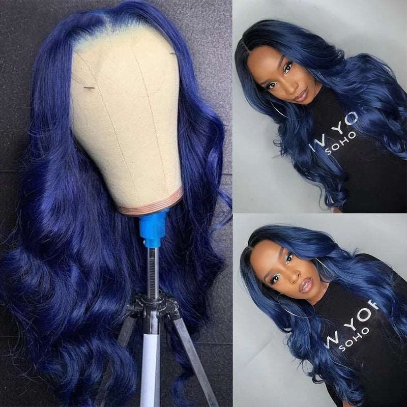 ZSFOQQ - 13x4 Transparent Lace Body Wave Dark Blue 100% Human Hair Wigs For Women.