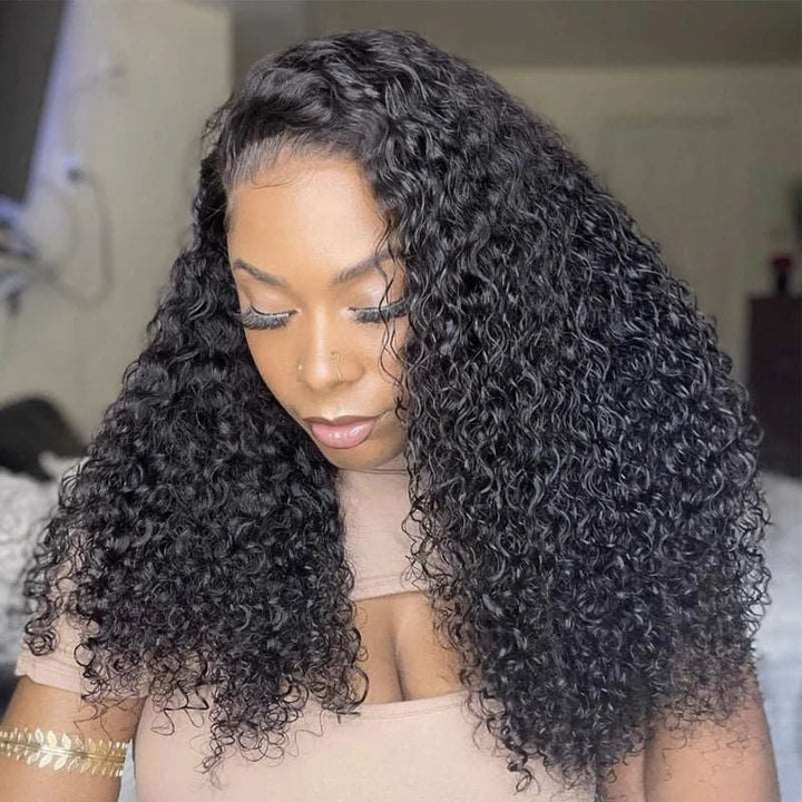 ZSFOQQ Hair Jerry Curly 13*4 Transparent Lace Frontal Wig Unprocessed Human Virgin Hair Wig Natural Black.