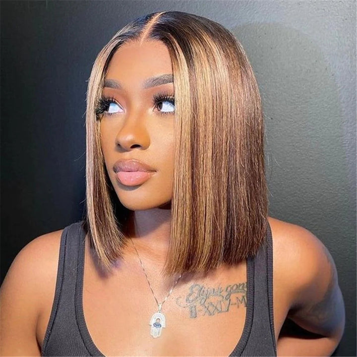 ZSFOQQ Short Highlight Straight Bob Wig Human Hair Lace Wigs Natural Hairline.