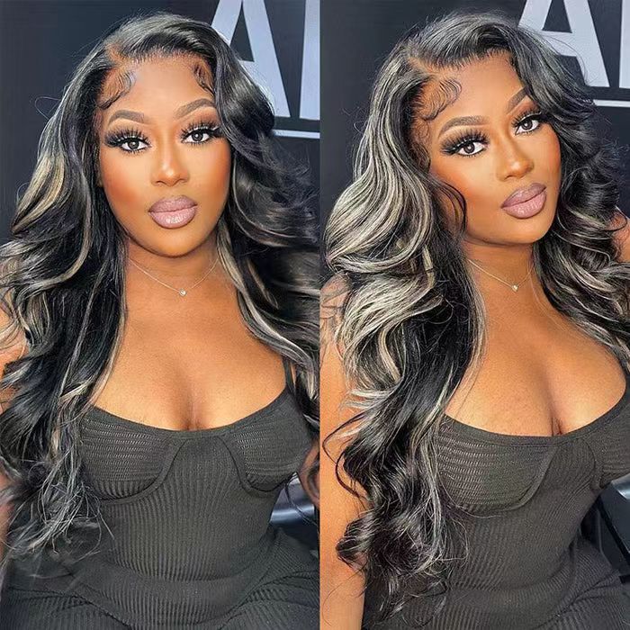 ZSFOQQ Platinum Gray Highlight 13x4/5x5 HD Lace Wig Straight Hair Black With Blond Highlights Lace Front Wig Plucked Natural Hairline With Baby Hair