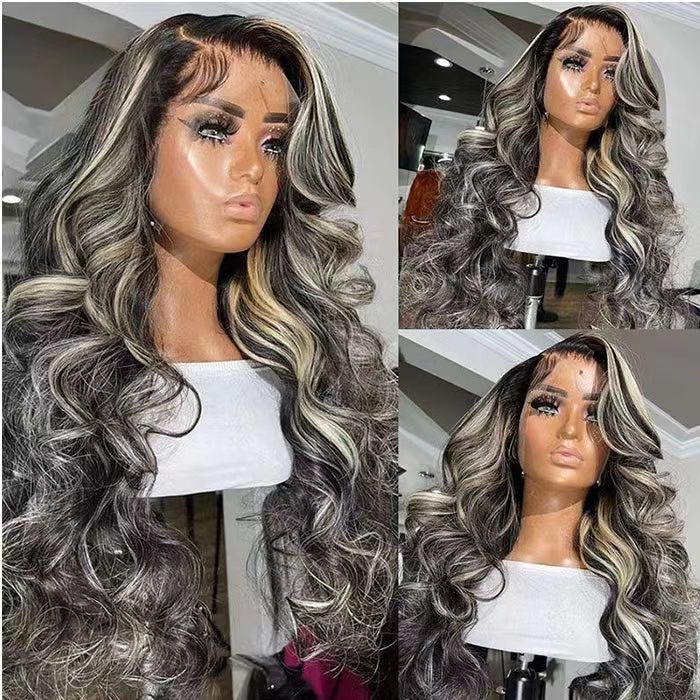 ZSFOQQ Platinum Gray Highlight 13x4/5x5 HD Lace Wig Straight Hair Black With Blond Highlights Lace Front Wig Plucked Natural Hairline With Baby Hair