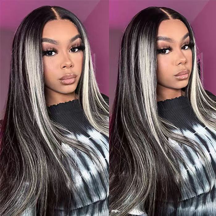 ZSFOQQ Platinum Gray Highlight 13x4/5x5 HD Lace Wig Straight Hair Black With Blond Highlights Lace Front Wig Plucked Natural Hairline With Baby Hair