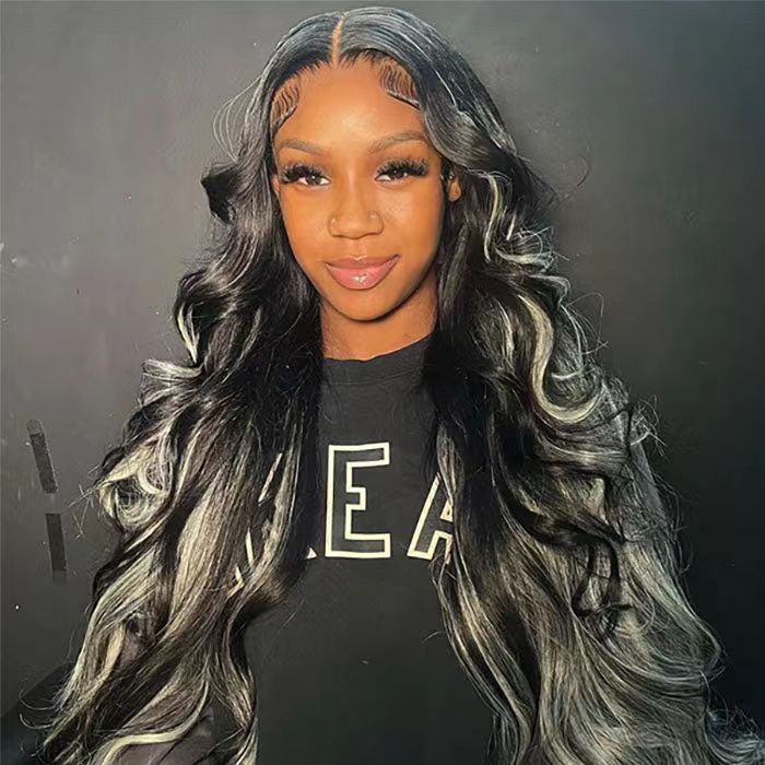 ZSFOQQ Platinum Gray Highlight 13x4/5x5 HD Lace Wig Straight Hair Black With Blond Highlights Lace Front Wig Plucked Natural Hairline With Baby Hair