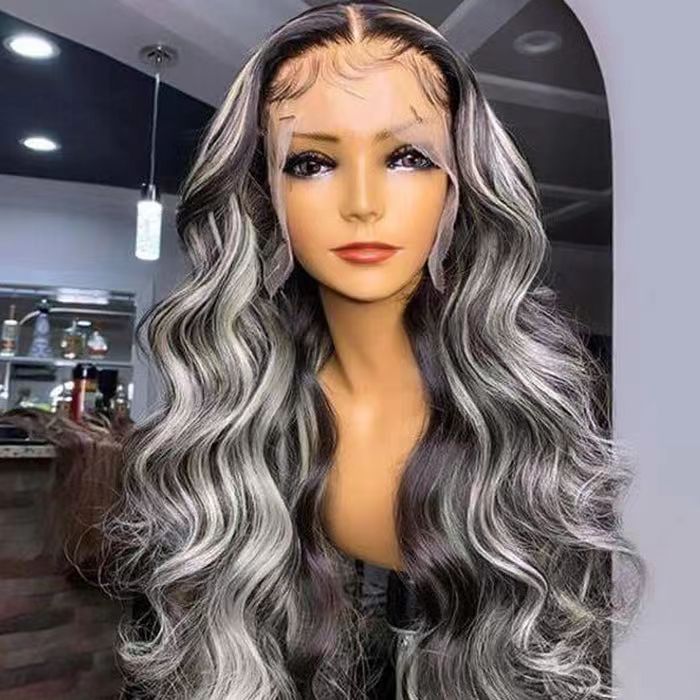 ZSFOQQ Platinum Gray Highlight 13x4/5x5 HD Lace Wig Straight Hair Black With Blond Highlights Lace Front Wig Plucked Natural Hairline With Baby Hair