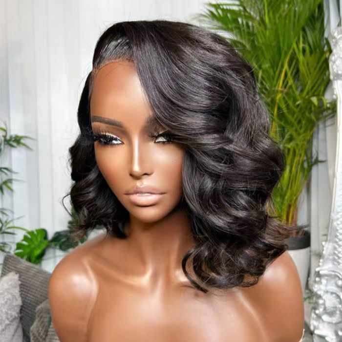 ZSFOQQ Asymmetrical Side Part Bob Wigs Body Wave Glueless HD Lace Front Wigs 180% Density