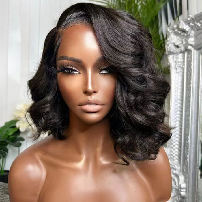 ZSFOQQ Asymmetrical Side Part Bob Wigs Body Wave Glueless HD Lace Front Wigs 180% Density