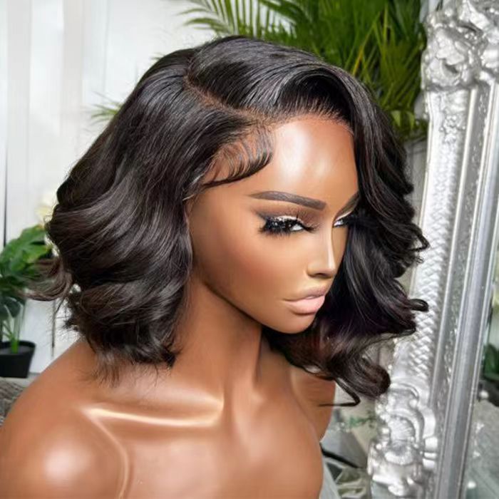 ZSFOQQ Asymmetrical Side Part Bob Wigs Body Wave Glueless HD Lace Front Wigs 180% Density