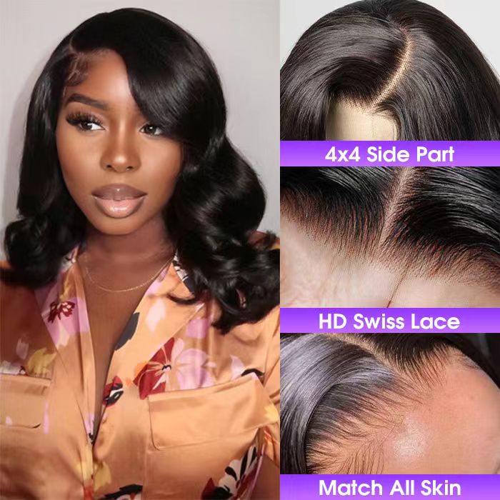 ZSFOQQ Asymmetrical Side Part Bob Wigs Body Wave Glueless HD Lace Front Wigs 180% Density