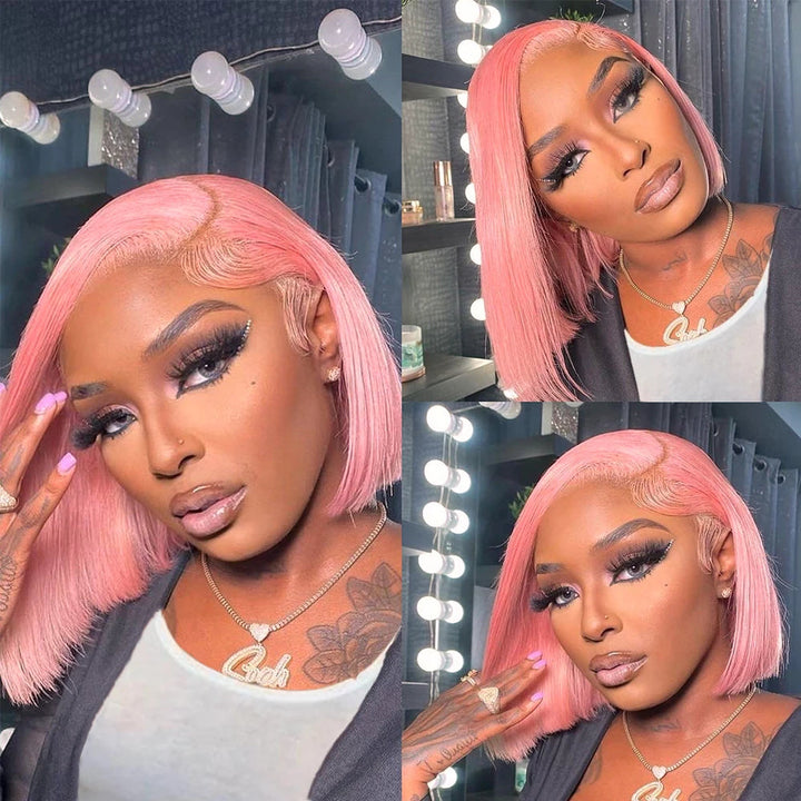 ZSFOQQ Hair Light Pink Color Short Straight Glueless Bob Wig 13×4 Lace Front Wig Human Hair Wigs