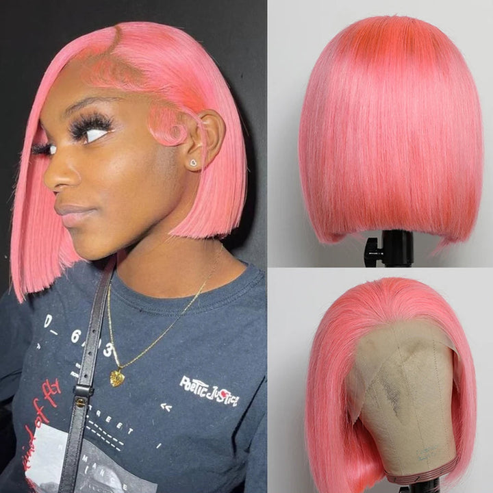 ZSFOQQ Hair Light Pink Color Short Straight Glueless Bob Wig 13×4 Lace Front Wig Human Hair Wigs