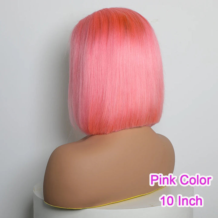 ZSFOQQ Hair Light Pink Color Short Straight Glueless Bob Wig 13×4 Lace Front Wig Human Hair Wigs