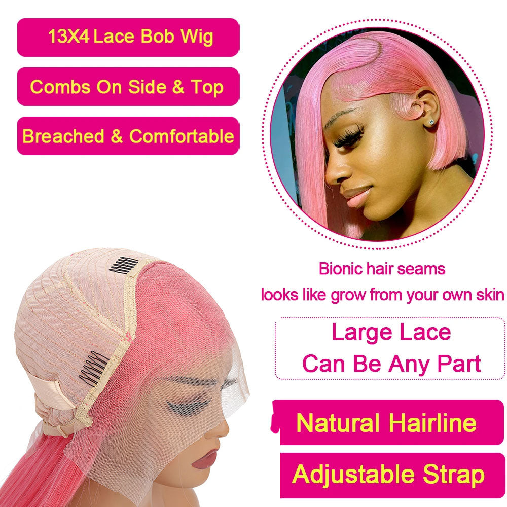 ZSFOQQ Hair Light Pink Color Short Straight Glueless Bob Wig 13×4 Lace Front Wig Human Hair Wigs