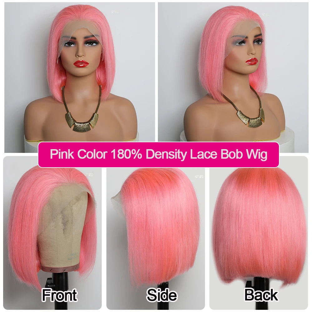 ZSFOQQ Hair Light Pink Color Short Straight Glueless Bob Wig 13×4 Lace Front Wig Human Hair Wigs