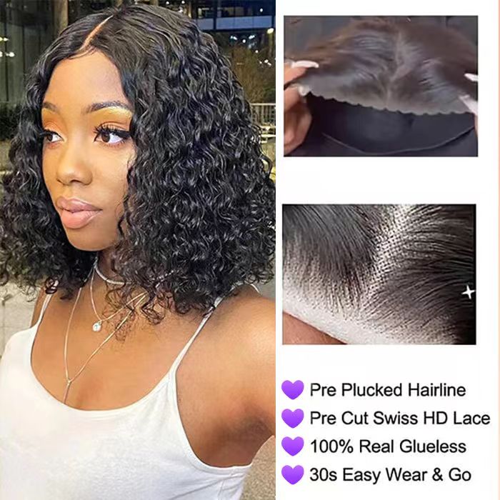 ZSFOQQ Ready To Go Glueless Curly Bob Wigs Pre Cut HD Lace Closure Wigs 100% Human Hair