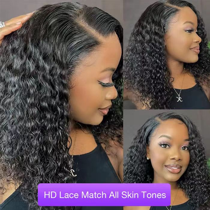 ZSFOQQ Ready To Go Glueless Curly Bob Wigs Pre Cut HD Lace Closure Wigs 100% Human Hair