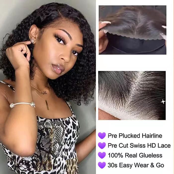 ZSFOQQ Ready To Go Glueless Curly Bob Wigs Pre Cut HD Lace Closure Wigs 100% Human Hair