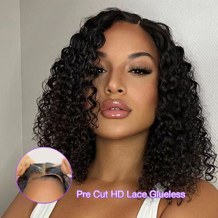 ZSFOQQ Hair Ready & Go Wigs Deep Wave 5*5 Pre Cut HD Lace Glueless Bob Wig with Pre Plucked