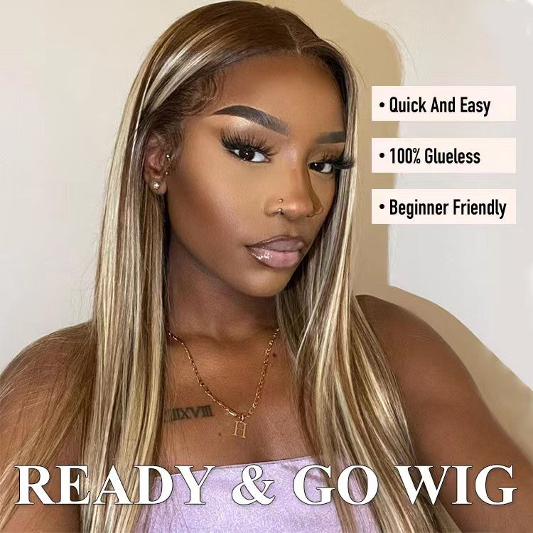 ZSFOQQ Ready And Go Wig-Straight Brown Hair With Blonde Highlights Glueless 4/613 HD 5x5 Closure Wigs