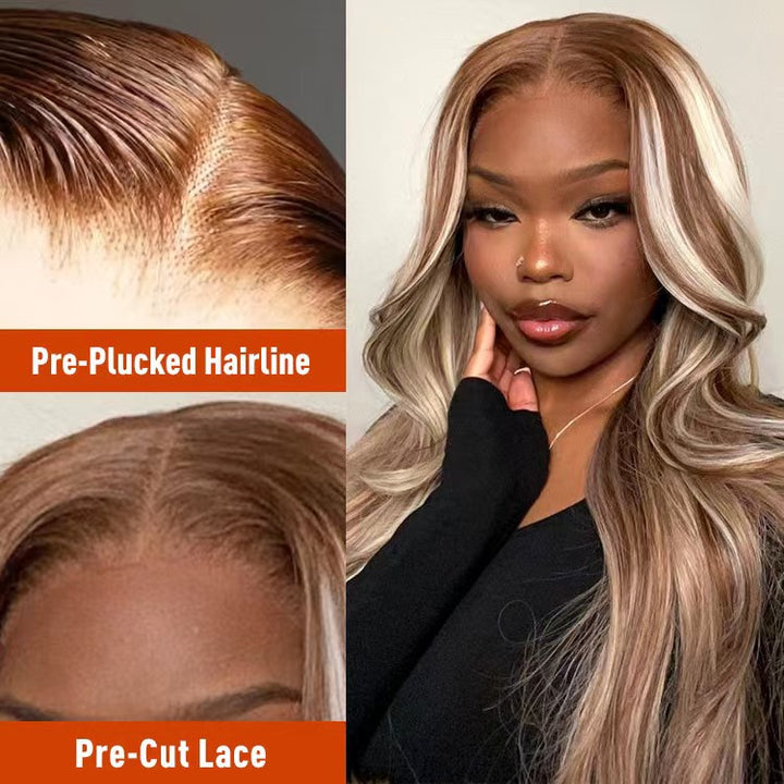 ZSFOQQ Ready And Go Wig-Straight Brown Hair With Blonde Highlights Glueless 4/613 HD 5x5 Closure Wigs