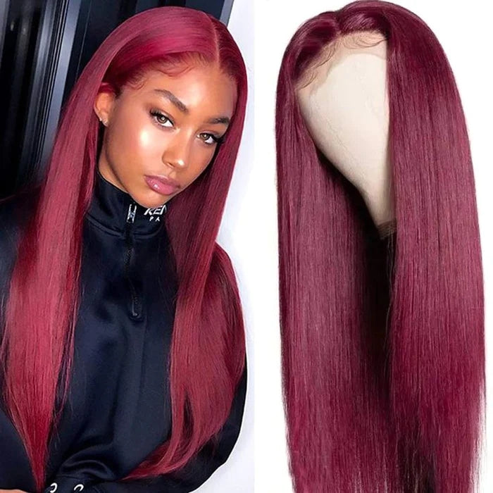 ZSFOQQ 99J Straight Lace Closure Human Hair Wigs Red Colored Transparent 4x4/13x4 Lace Front Wig With Baby Hair.