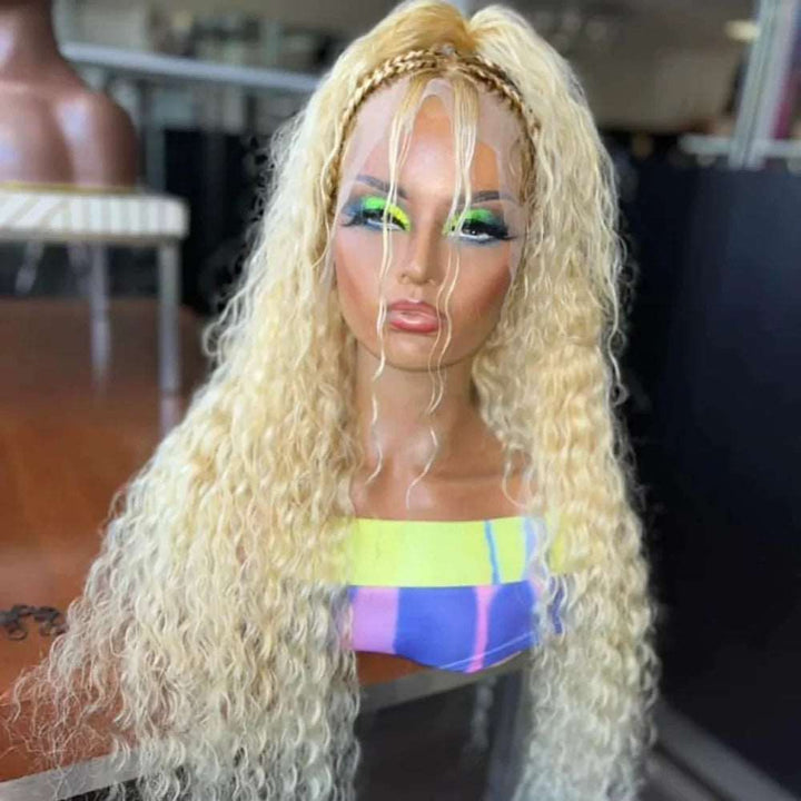 ZSFOQQ 613 Blonde Jerry Curly 13x4 Lace Wig Virgin Human Hair Wigs Pre-Plucked Hairline.