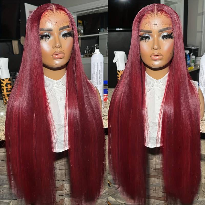 ZSFOQQ Long Straight Hair 99j Burgundy T Part Lace Front Wig Glueless Pre Plucked With Baby Hair 100% Virgin Human Hair Wig