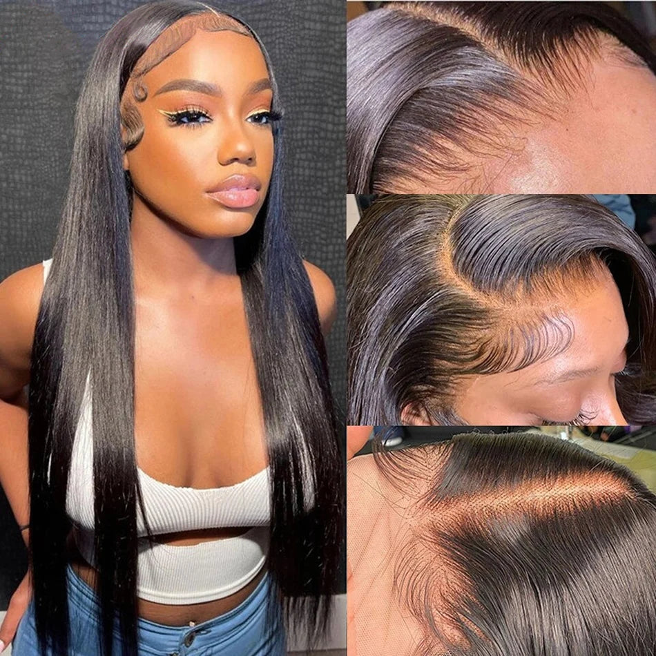 ZSFOQQ Hair Straight 13*6 Transparent Lace Frontal Wig Unprocessed Human Virgin Hair Natural Black.