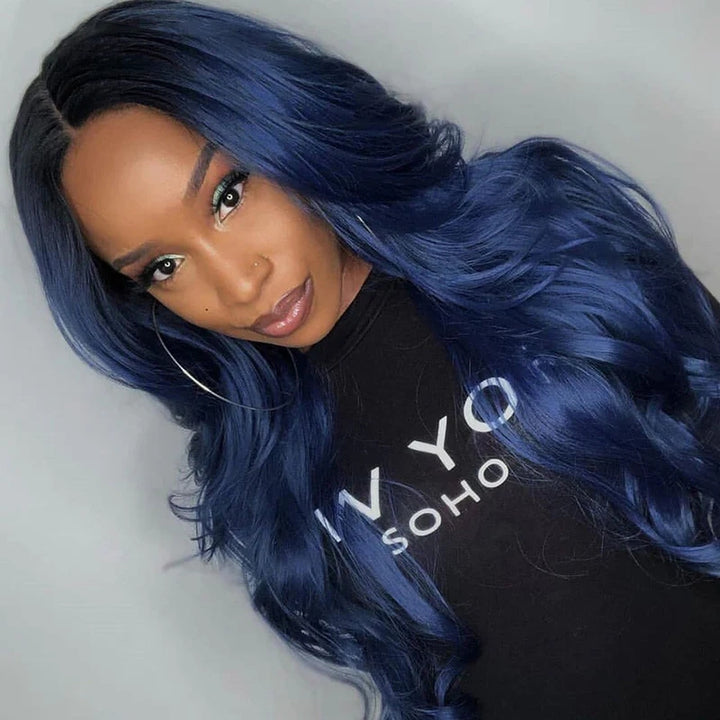 ZSFOQQ - 13x4 Transparent Lace Body Wave Dark Blue 100% Human Hair Wigs For Women.