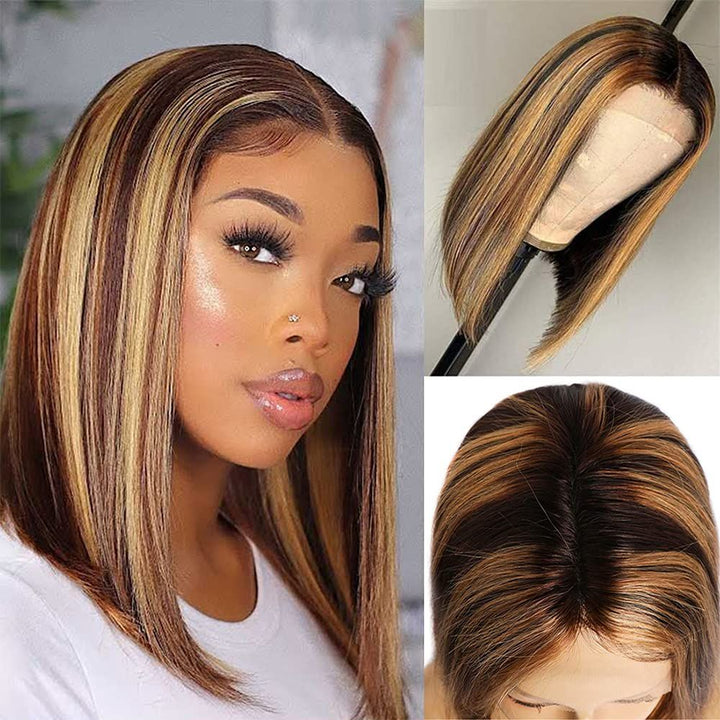 ZSFOQQ Short Highlight Straight Bob Wig Human Hair Lace Wigs Natural Hairline.