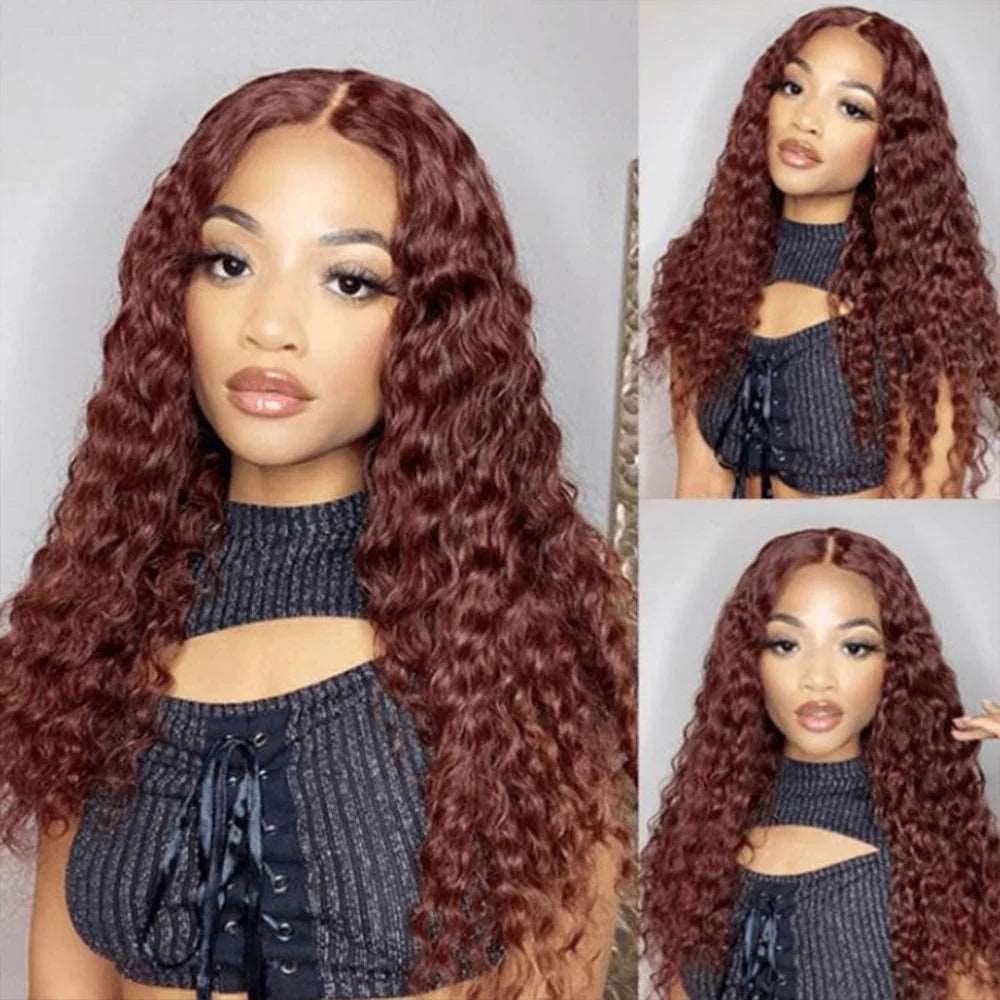 ZSFOQQ #33 Reddish Brown Deep Wave Curly Glueless Lace Closure Human Hair Wigs For Women.