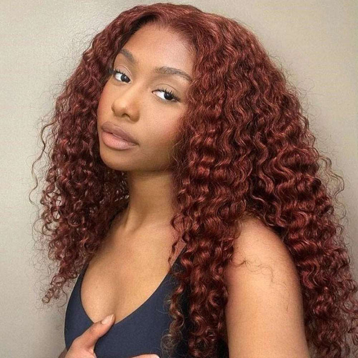 ZSFOQQ #33 Reddish Brown Deep Wave Curly Glueless Lace Closure Human Hair Wigs For Women.