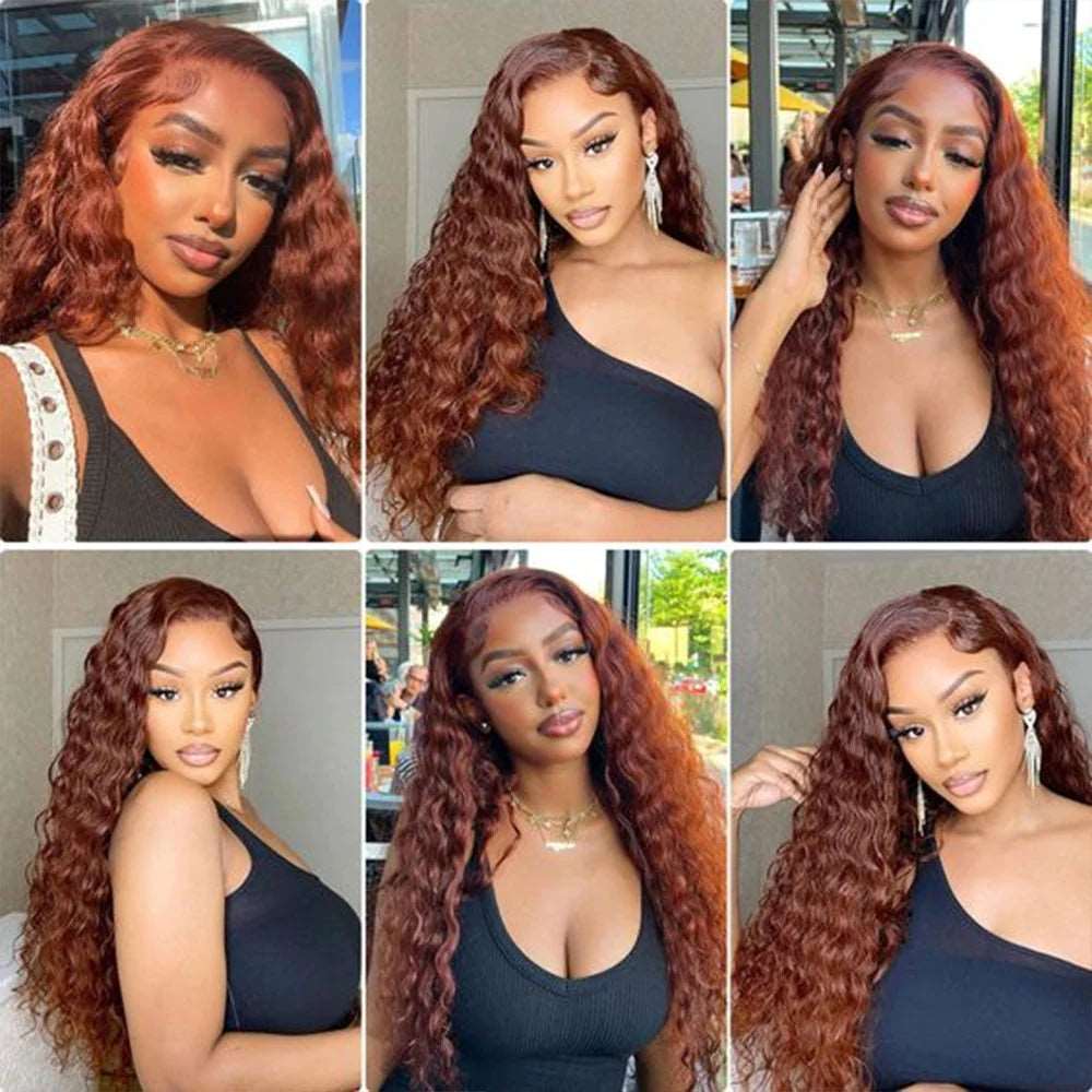 ZSFOQQ #33 Reddish Brown Deep Wave Curly Glueless Lace Closure Human Hair Wigs For Women.