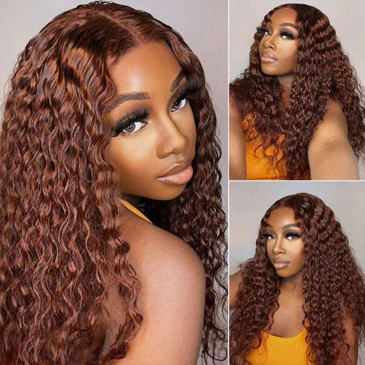 ZSFOQQ #33 Reddish Brown Deep Wave Curly Glueless Lace Closure Human Hair Wigs For Women.