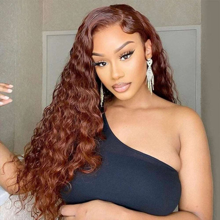 ZSFOQQ #33 Reddish Brown Deep Wave Curly Glueless Lace Closure Human Hair Wigs For Women.