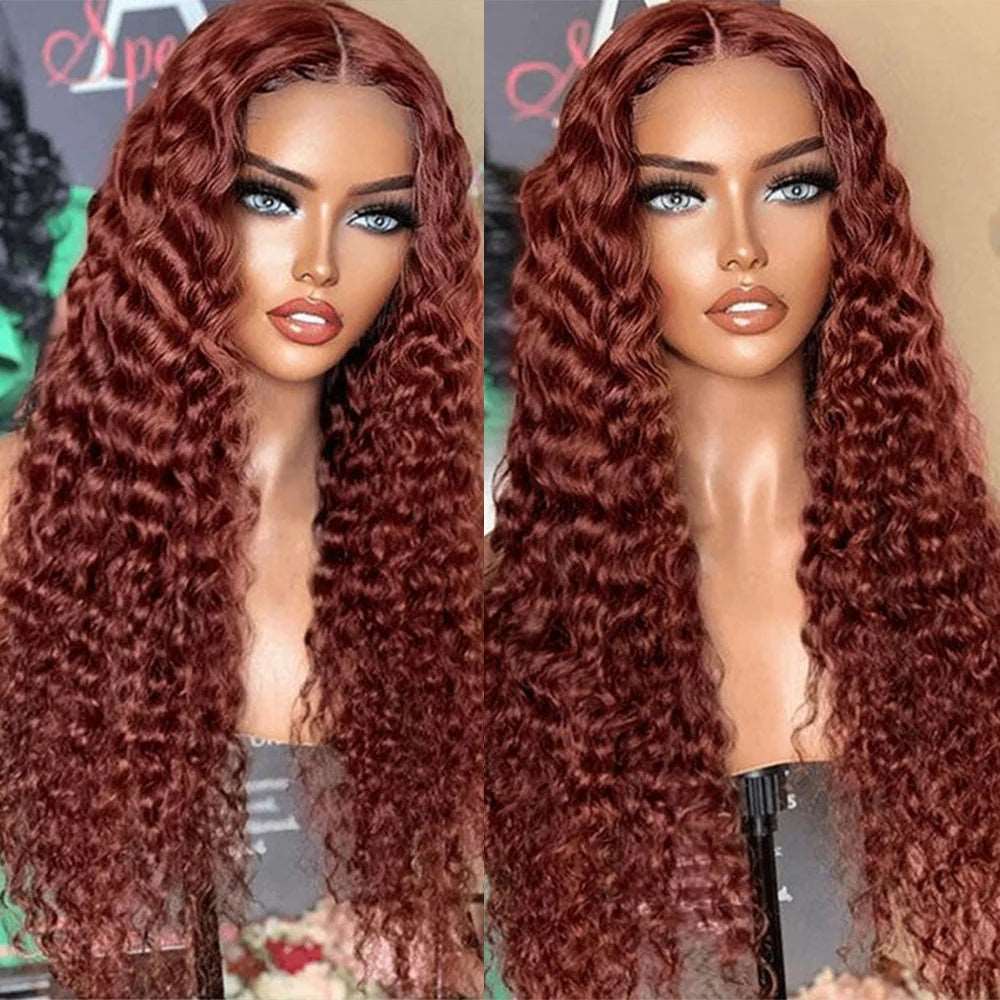 ZSFOQQ #33 Reddish Brown Deep Wave Curly Glueless Lace Closure Human Hair Wigs For Women.