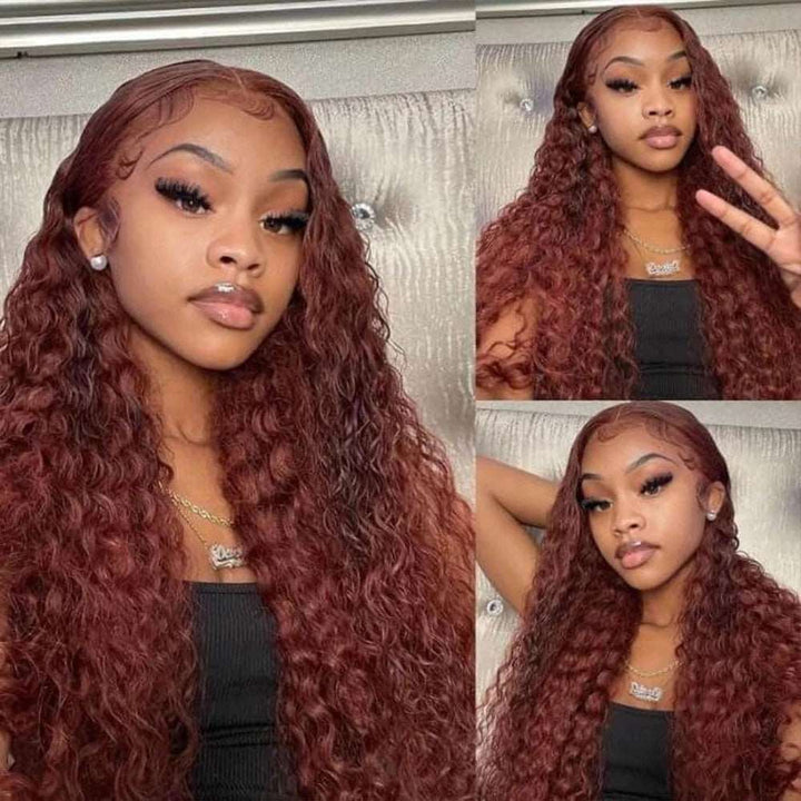 ZSFOQQ #33 Reddish Brown Deep Wave Curly Glueless Lace Closure Human Hair Wigs For Women.