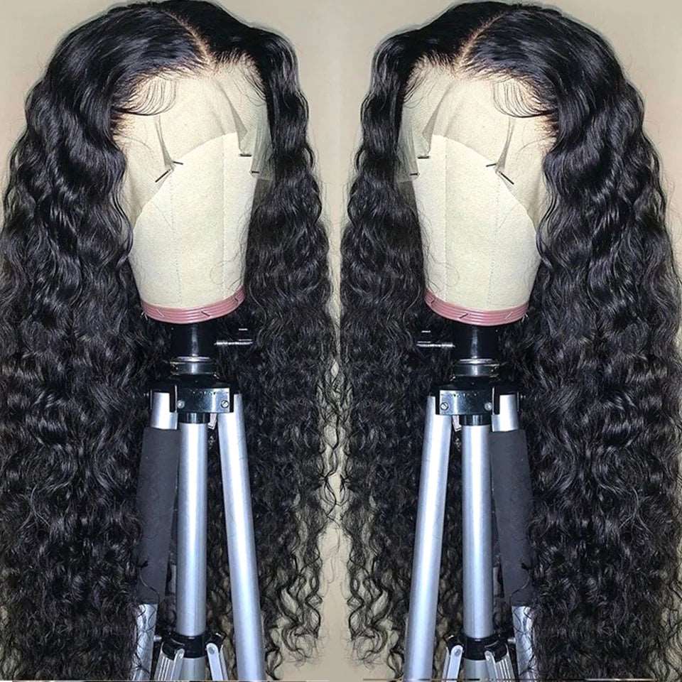 ZSFOQQ Hair Deep Wave 13*4 Transparent Lace Frontal Wig Virgin Hair 100% Human Hair Natural Black.