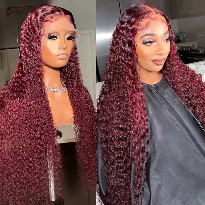 ZSFOQQ Hair 99J Burgundy Curly Wig Transparent 13x4/5x5 HD Lace Frontal Wig for Women Human Hair Wig