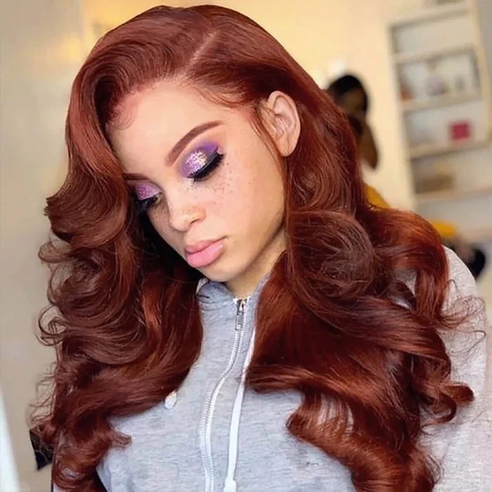 ZSFOQQ Reddish Brown 13x4 HD Lace Human Hair Wig #33B Auburn Colored Body Wave Wigs