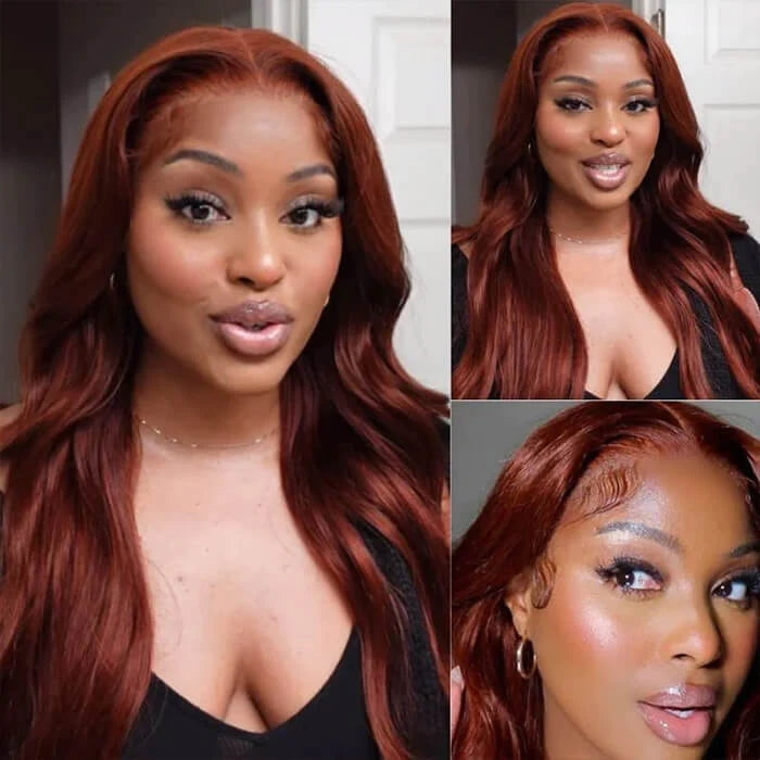 ZSFOQQ Reddish Brown 13x4 HD Lace Human Hair Wig #33B Auburn Colored Body Wave Wigs