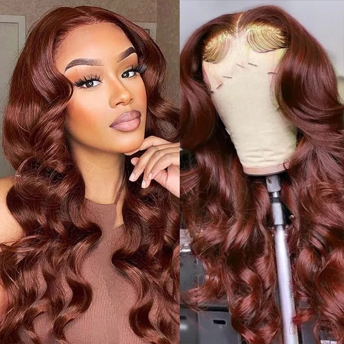 ZSFOQQ Reddish Brown 13x4 HD Lace Human Hair Wig #33B Auburn Colored Body Wave Wigs