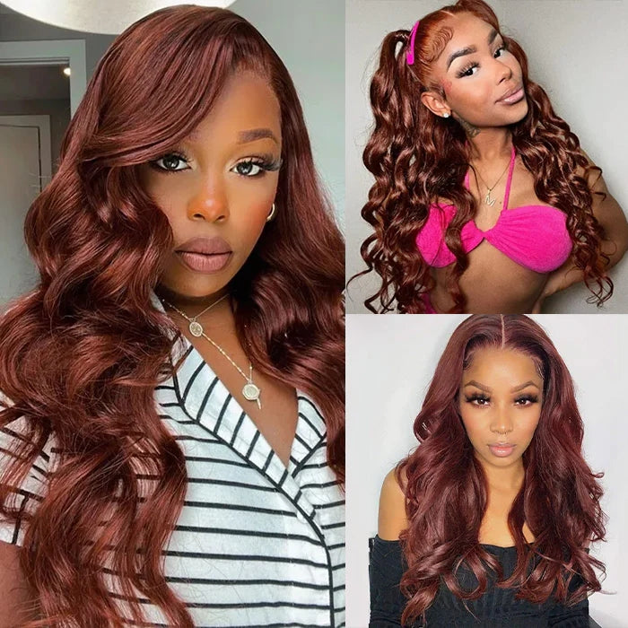 ZSFOQQ Reddish Brown 13x4 HD Lace Human Hair Wig #33B Auburn Colored Body Wave Wigs