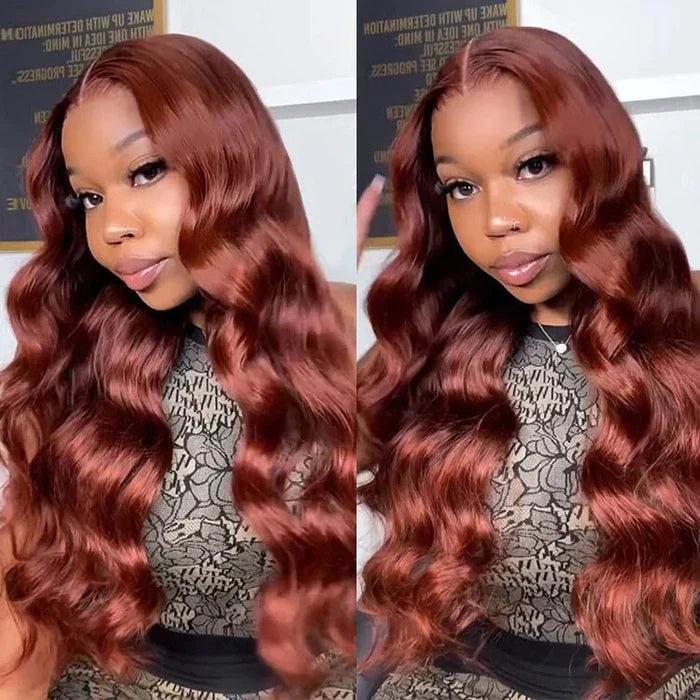 ZSFOQQ Reddish Brown 13x4 HD Lace Human Hair Wig #33B Auburn Colored Body Wave Wigs