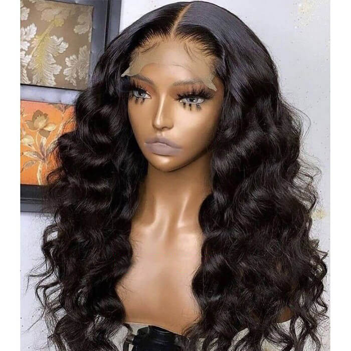 ZSFOQQ  24" Loose Wave Transparent HD Lace 13x4/4x4 Lace Frontal Wig Human Hair Wig Natural Black