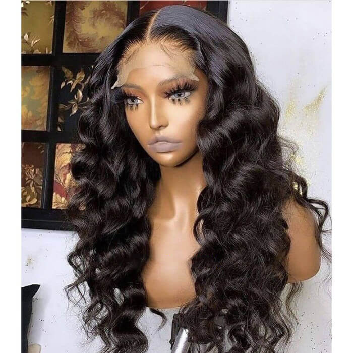 ZSFOQQ  24" Loose Wave Transparent HD Lace 13x4/4x4 Lace Frontal Wig Human Hair Wig Natural Black