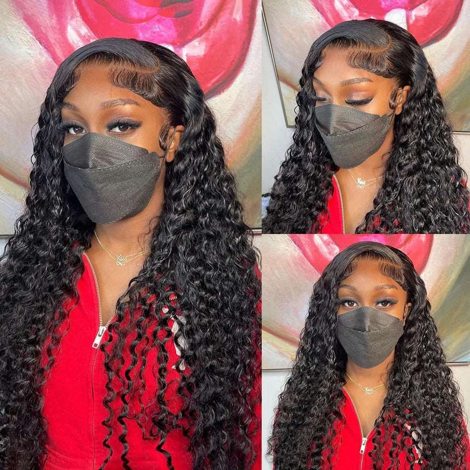 ZSFOQQ Hair Deep Curly 13*4 Transparent Lace Frontal Wig Unprocessed Human Virgin Hair Natural Black.