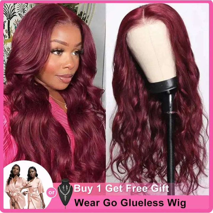 ZSFOQQ Hair Body Wave 99J Burgundy Color 6*4 Pre-Cut Lace Closure Wig Human Hair Glueless Wig