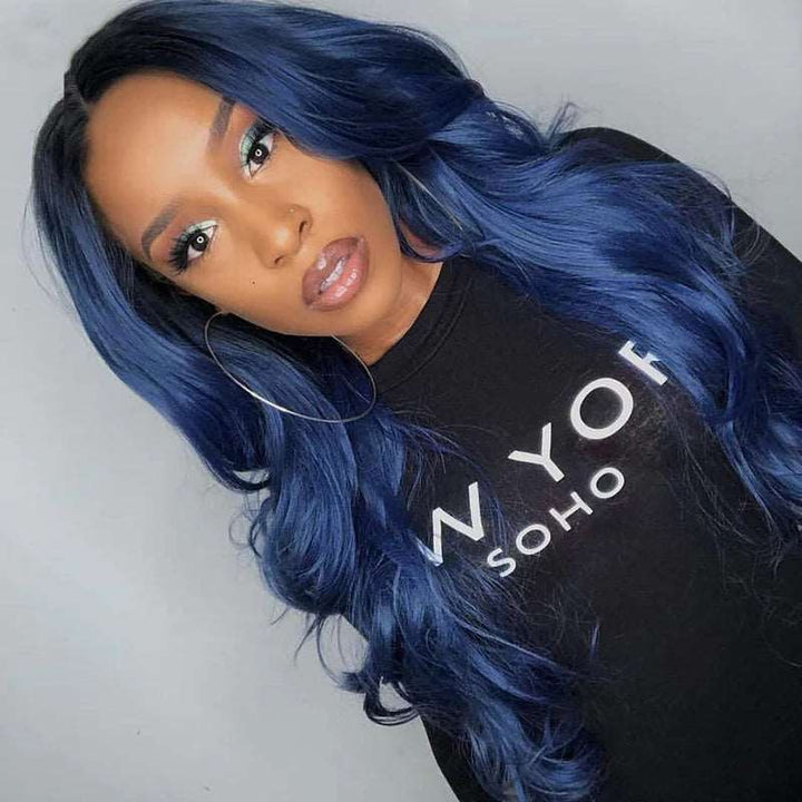 ZSFOQQ - 13x4 Transparent Lace Body Wave Dark Blue 100% Human Hair Wigs For Women.