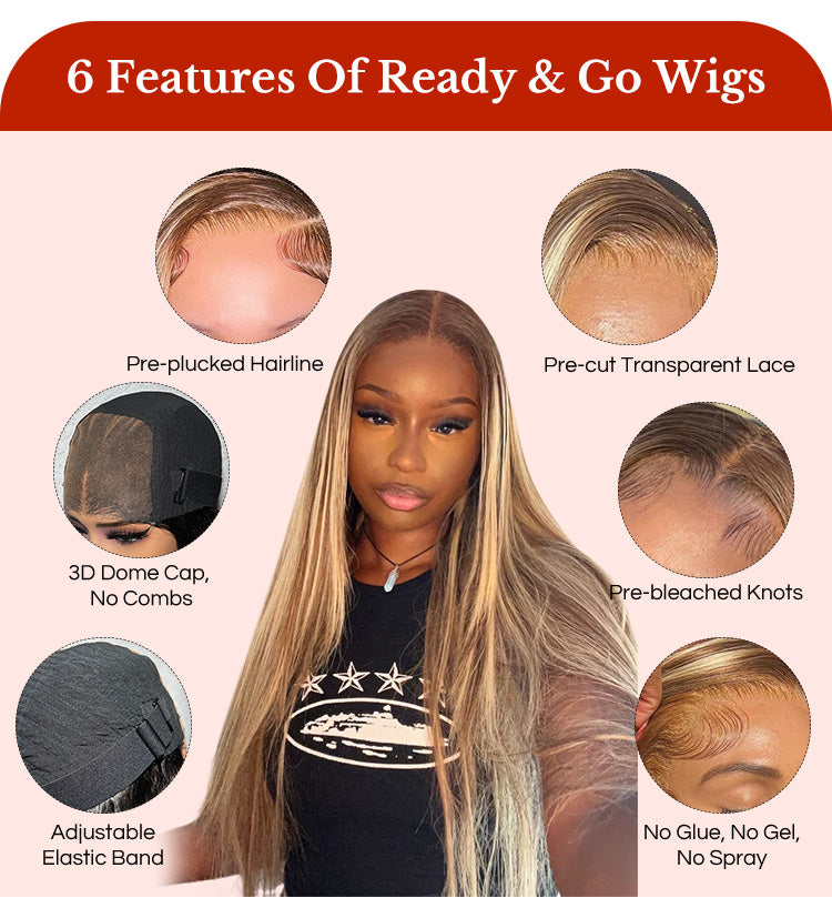 ZSFOQQ Ready And Go Wig-Straight Brown Hair With Blonde Highlights Glueless 4/613 HD 5x5 Closure Wigs